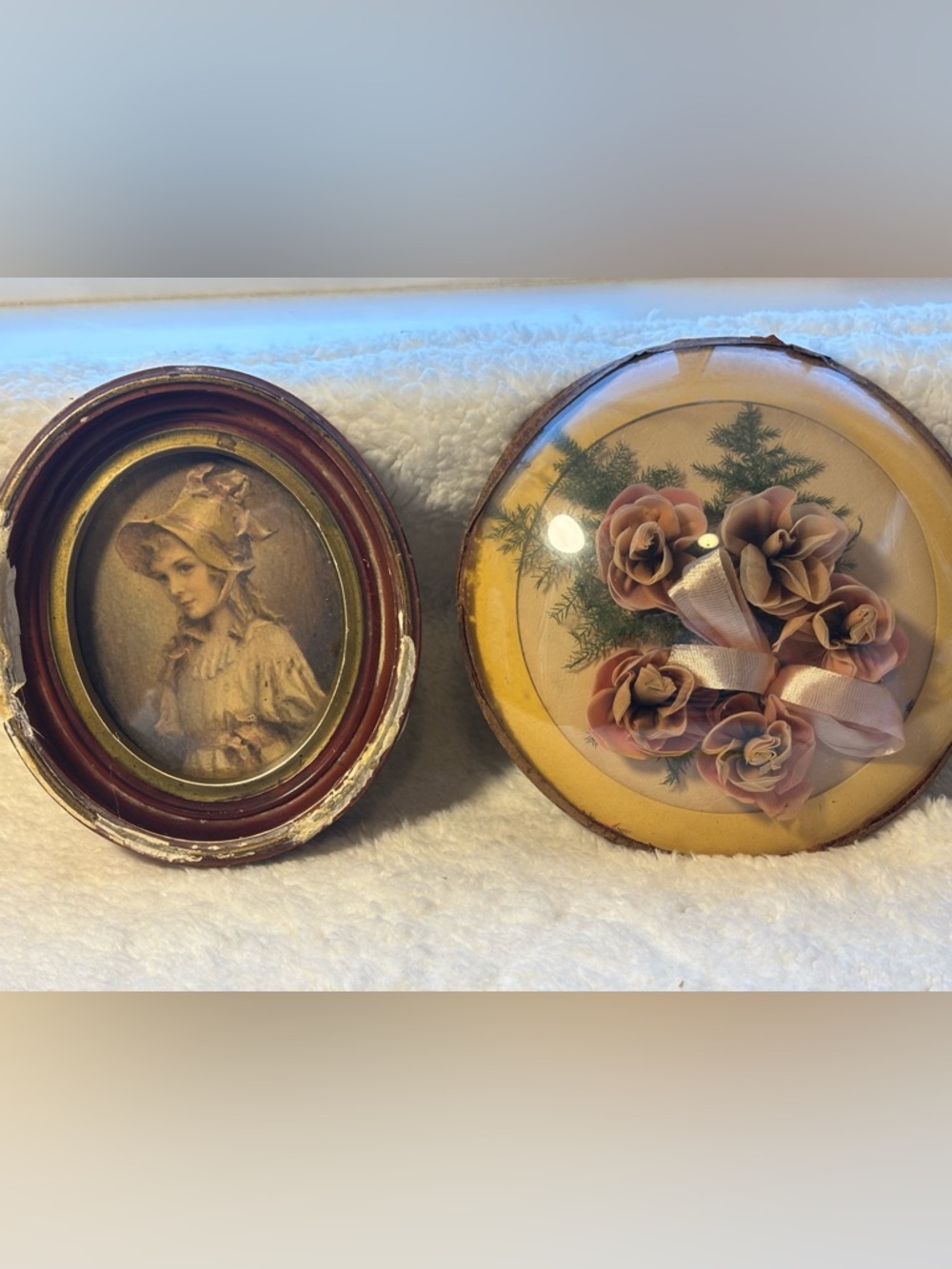 Vintage Victorian Brown and Cream Floral Dome‎ & Portrait Wall Accent Pair